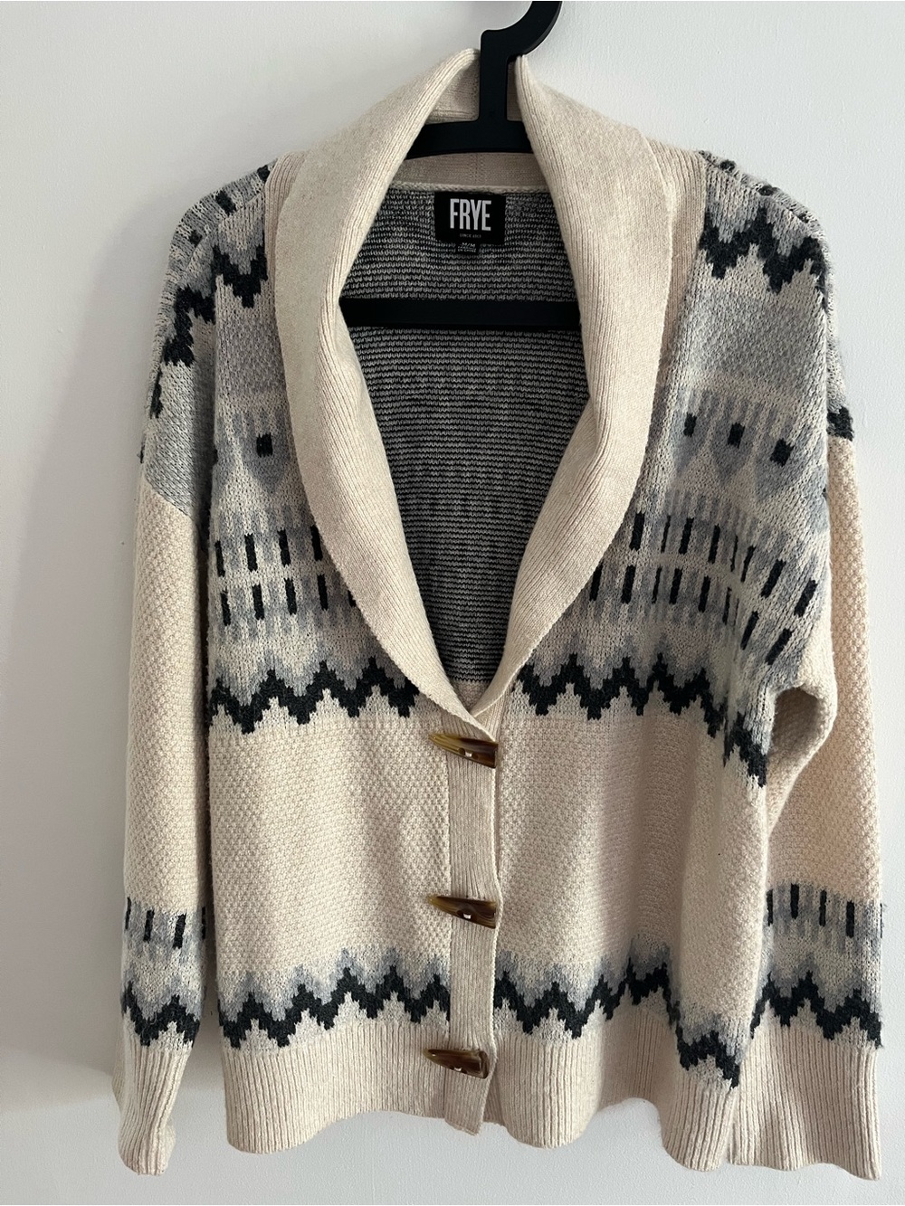 Frye Cream Shawl Collar Cardigan with Black & Gray Fair Isle